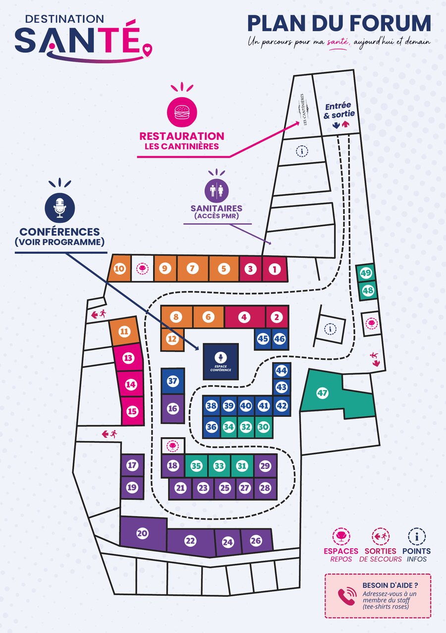 Plan du forum : 49 stands, espace conférence, restauration, sanitaires PMR